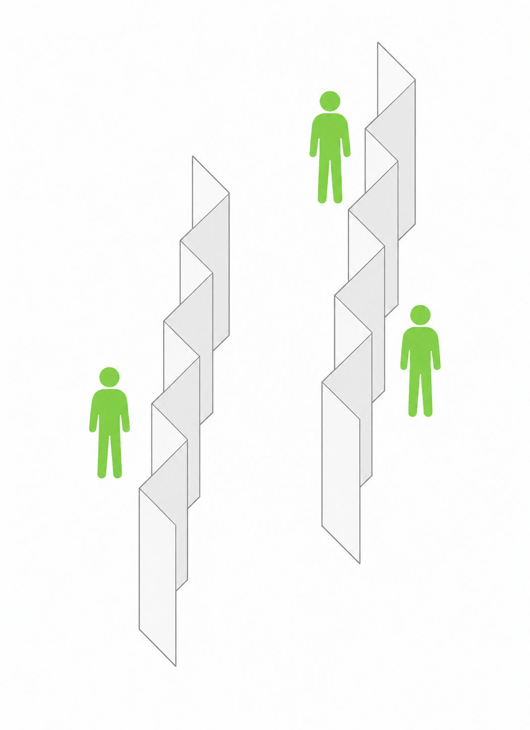 Two parallel zigzag rows of poster boards with delegates for scale