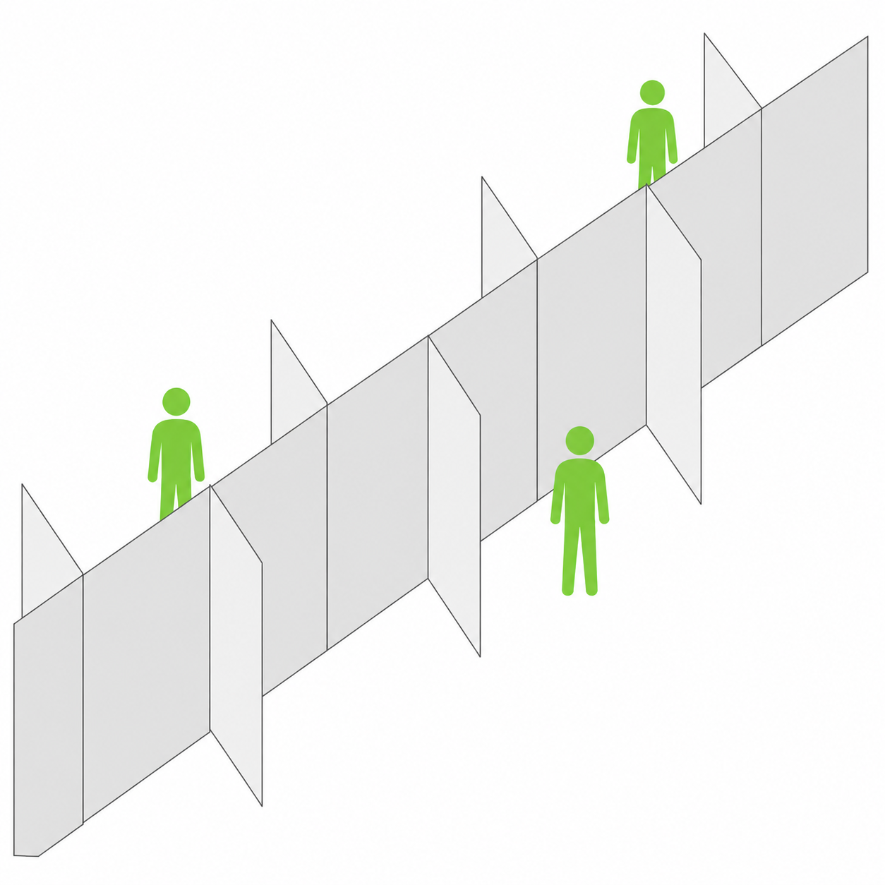 A long zigzag run of connected poster boards with delegates for scale